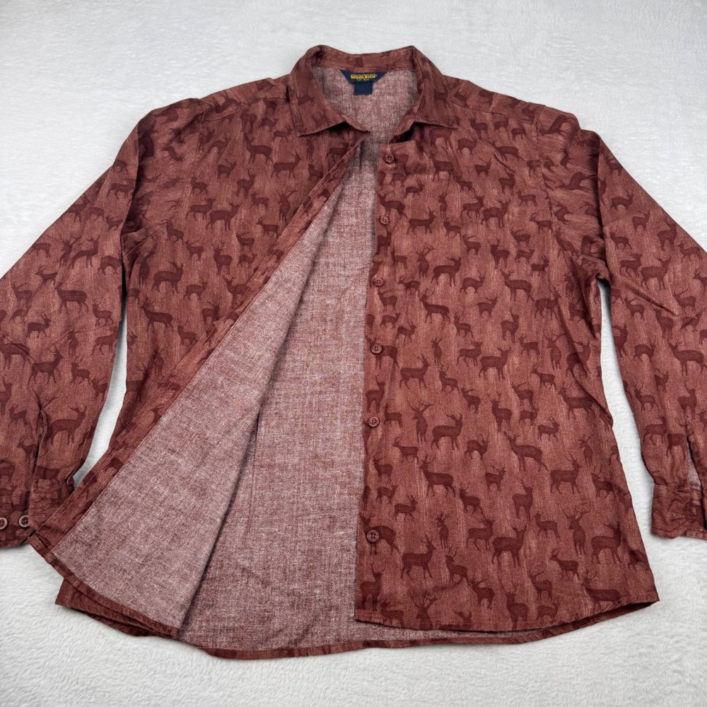 Woolrich Button Down Shirt Womens Large Brown Deer Stag Print Long Sleeve Cotton